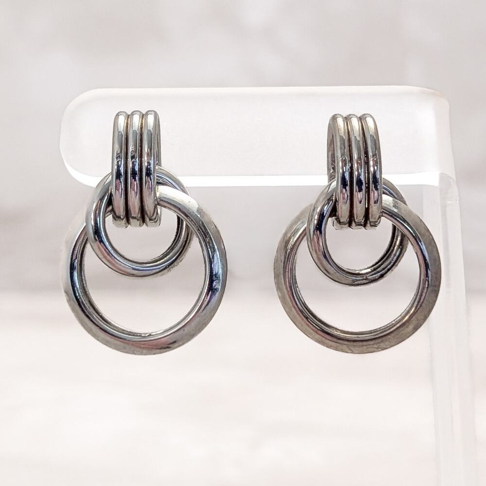 Vintage Stud Earrings Large Statement Glam Silver Tone Door Knocker Style